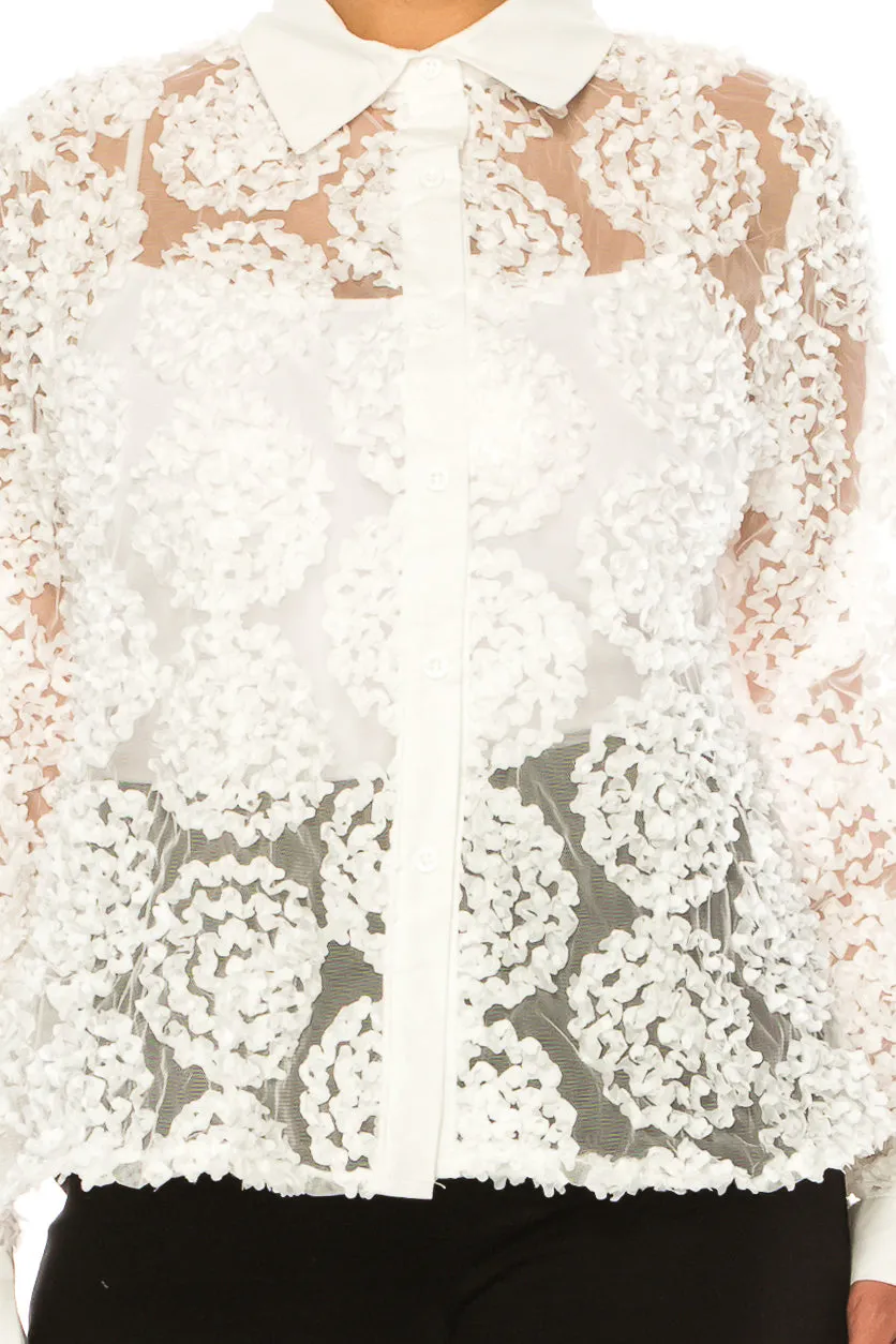 Vivid Long Sleeve Circle Applique Button-Down Top