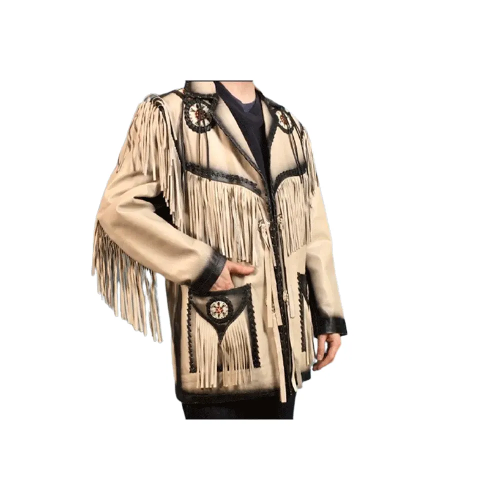 Western Beige Leather Fringe Beaded Jacket for Men MWJ316