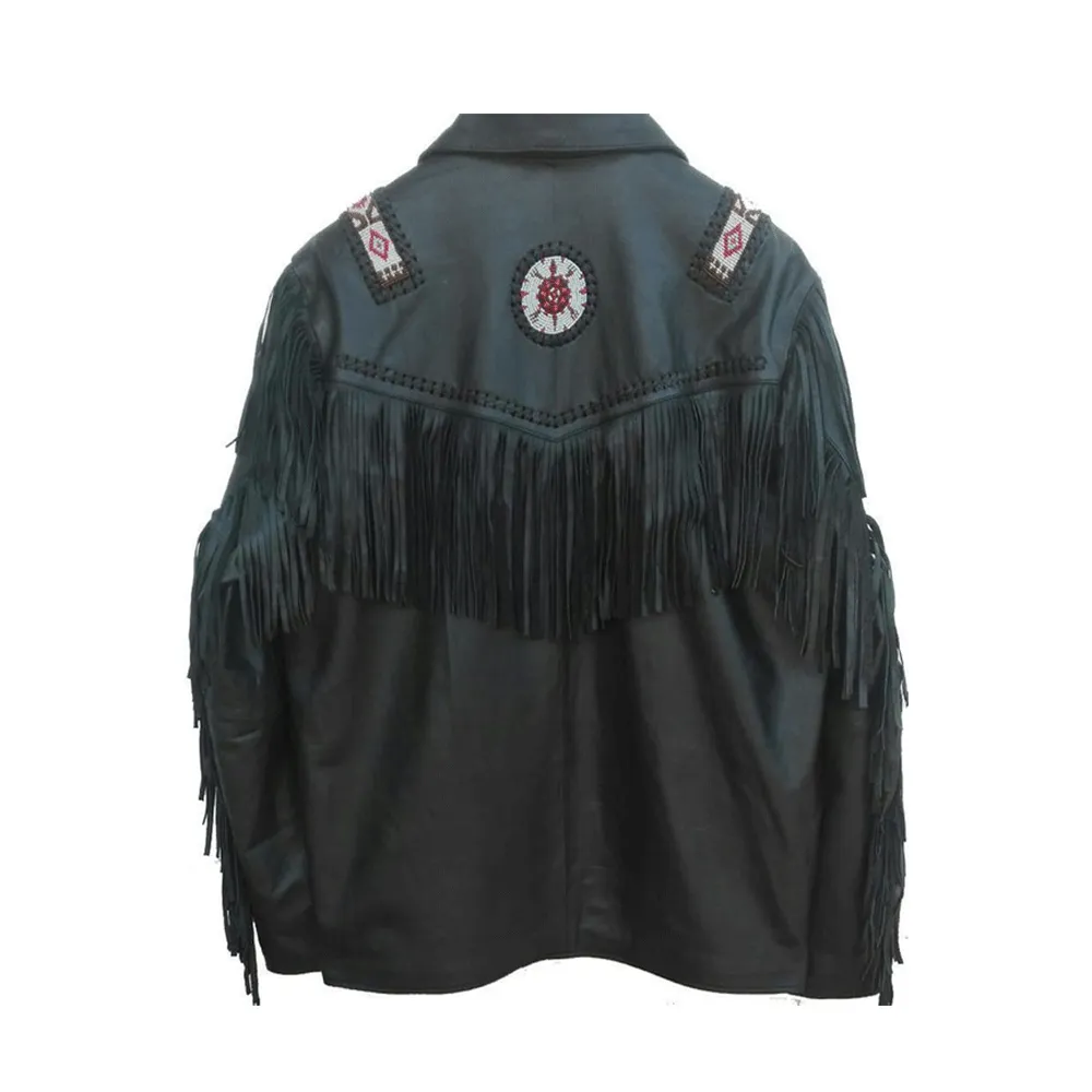 Western Black Leather Fringe Beaded Jacket for Men MWJ528
