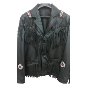 Western Black Leather Fringe Beaded Jacket for Men MWJ528
