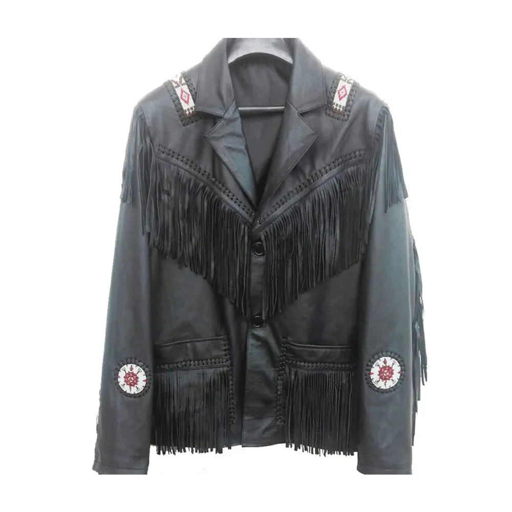 Western Black Leather Fringe Beaded Jacket for Men MWJ528