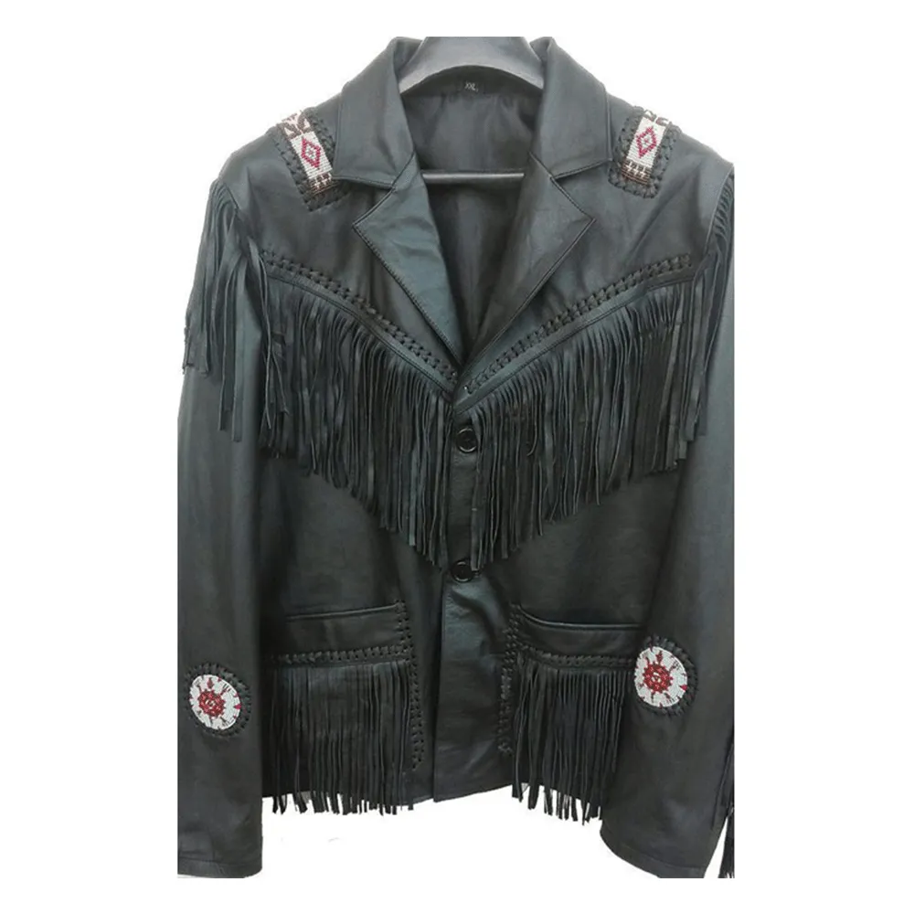 Western Black Leather Fringe Beaded Jacket for Men MWJ528