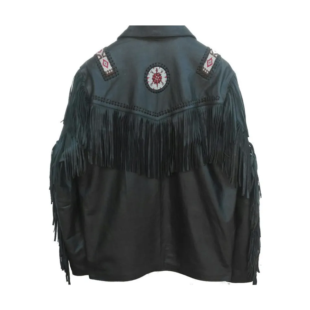 Western Black Leather Fringe Beaded Jacket for Men MWJ528