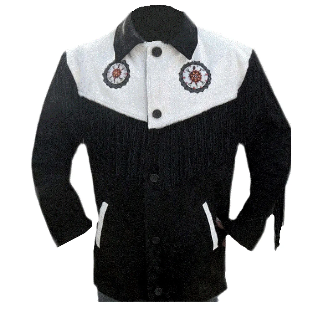 Western Black Suede Leather Fringe Beaded Jacket for Men MWJ519