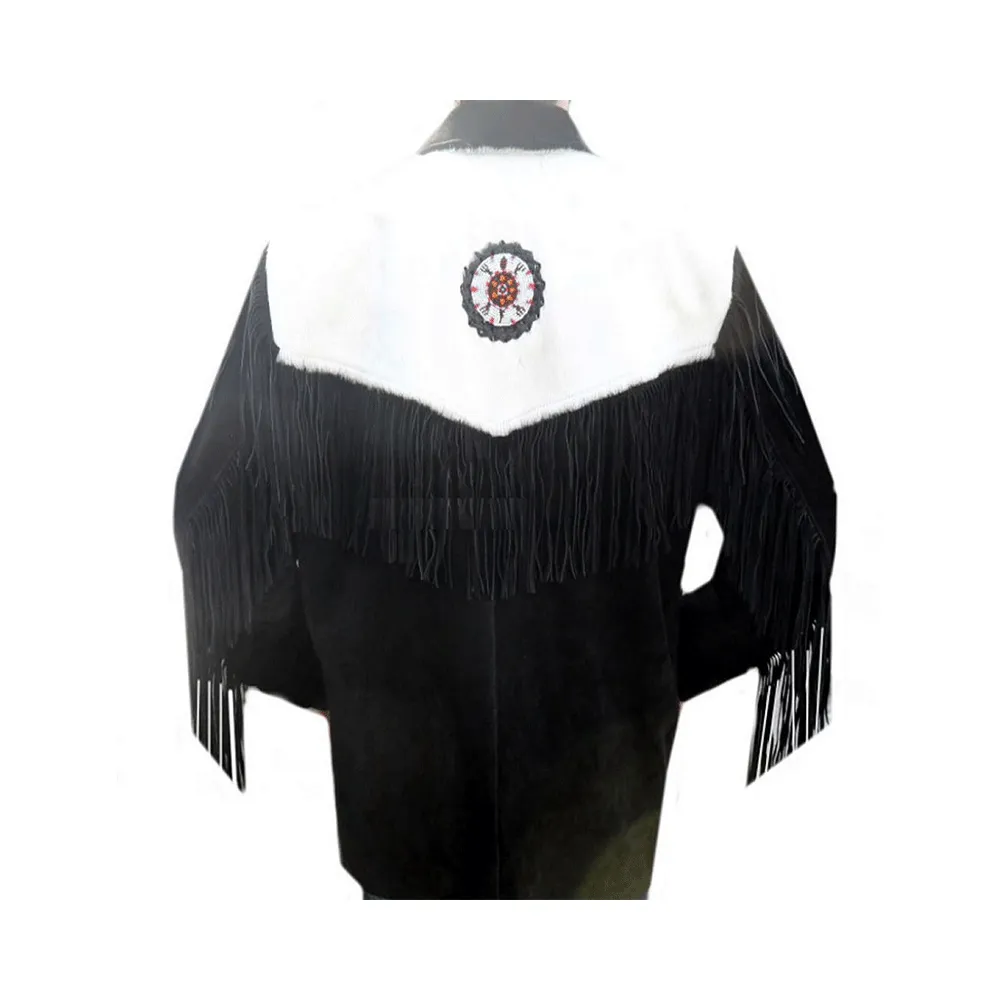 Western Black Suede Leather Fringe Beaded Jacket for Men MWJ519