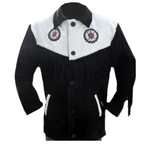 Western Black Suede Leather Fringe Beaded Jacket for Men MWJ519
