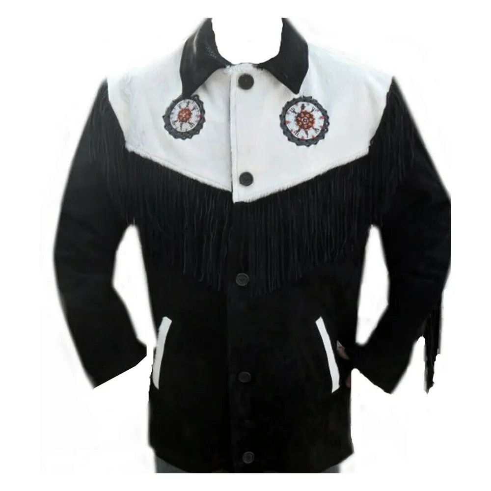 Western Black Suede Leather Fringe Beaded Jacket for Men MWJ519