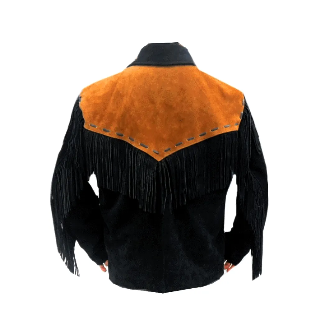 Western Black Suede Leather Fringe Jacket for Men MWJ538
