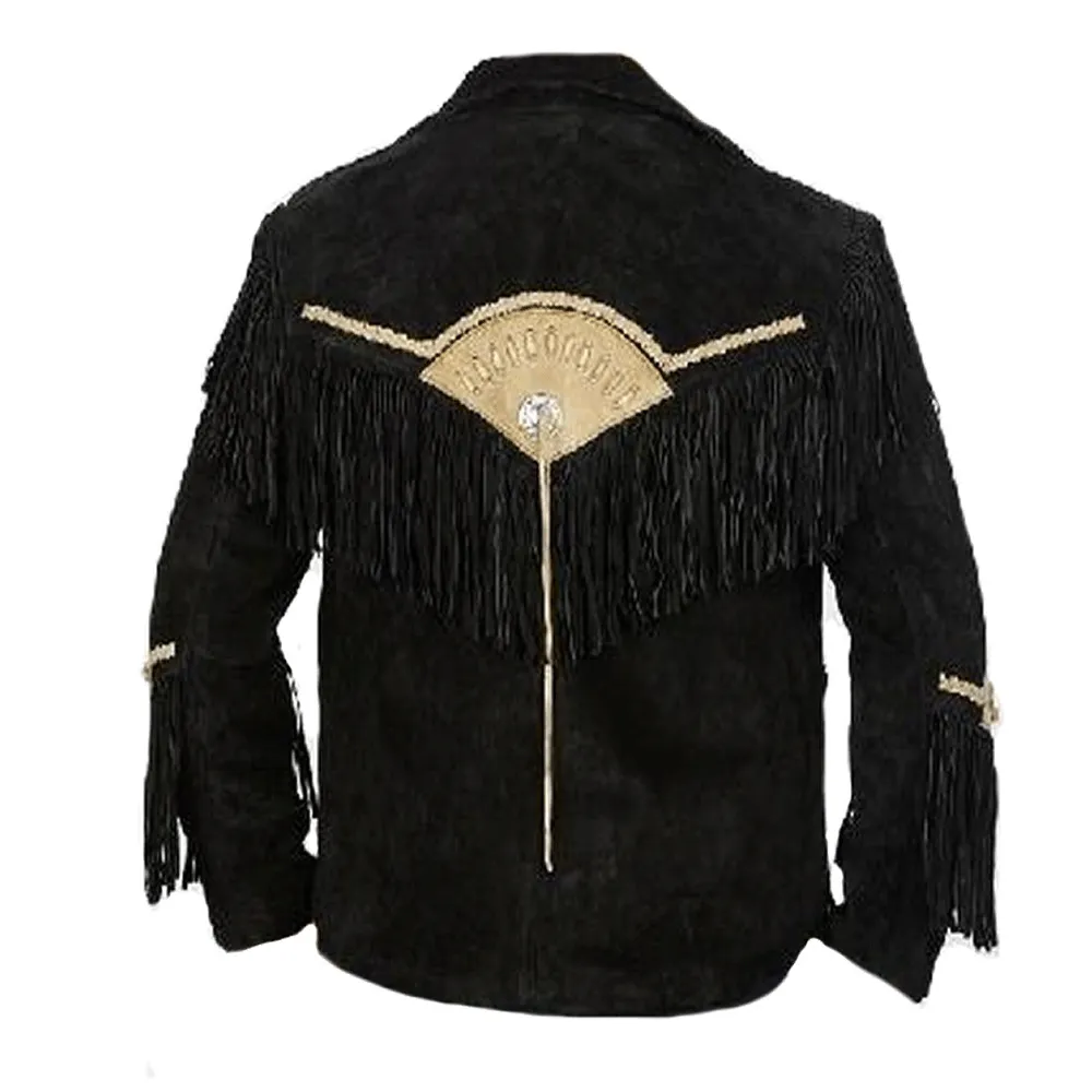 Western Black Suede Leather Fringe Jacket for Men MWJ542