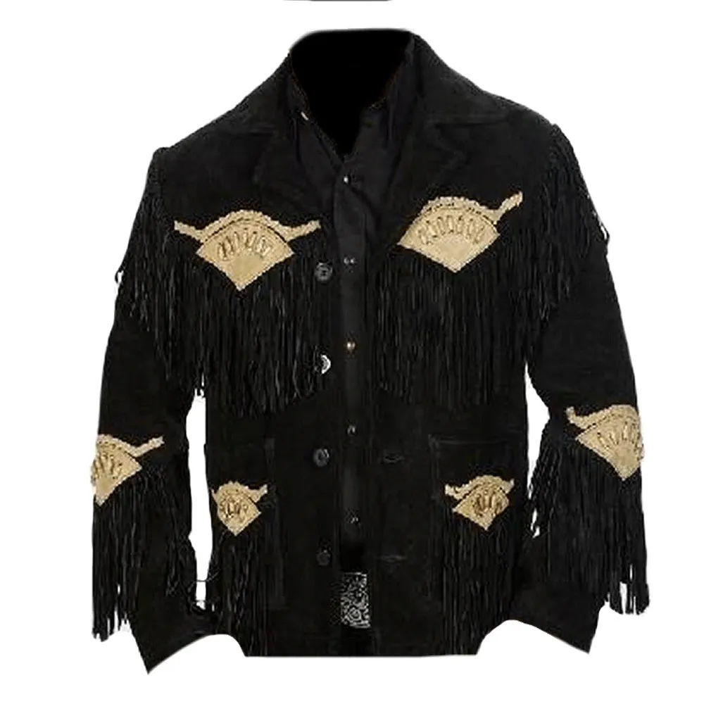 Western Black Suede Leather Fringe Jacket for Men MWJ542
