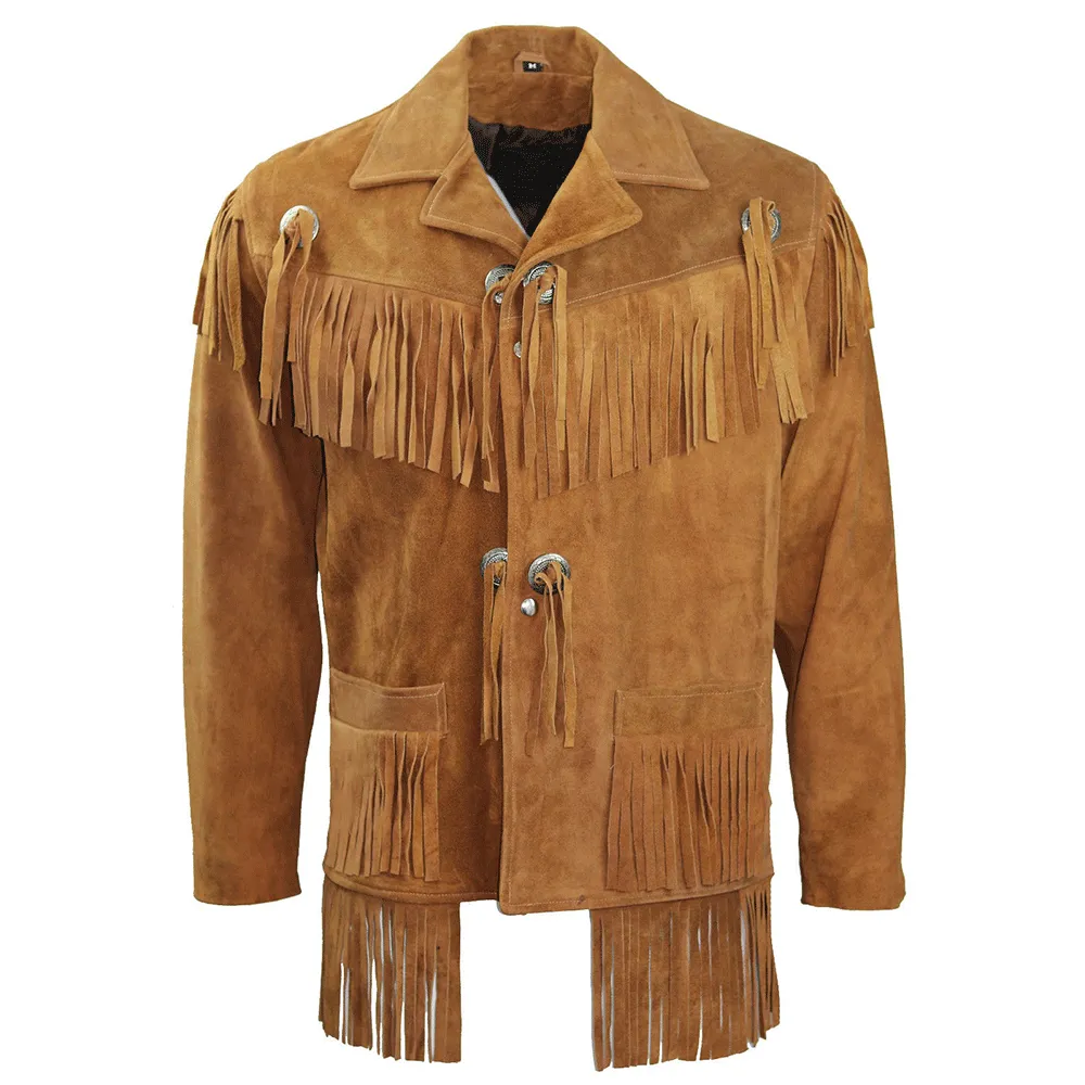 Western Cognac Brown Suede Fringe Leather Jacket for Men MWJ771