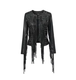 Western Fringe Black Leather Eyelets Jacket for Women Cowgirl WFJ763