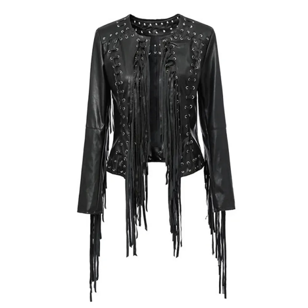Western Fringe Black Leather Eyelets Jacket for Women Cowgirl WFJ763