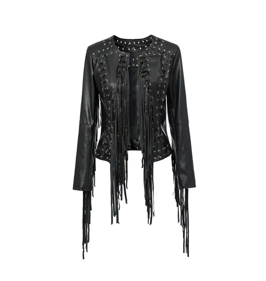 Western Fringe Black Leather Eyelets Jacket for Women Cowgirl WFJ763