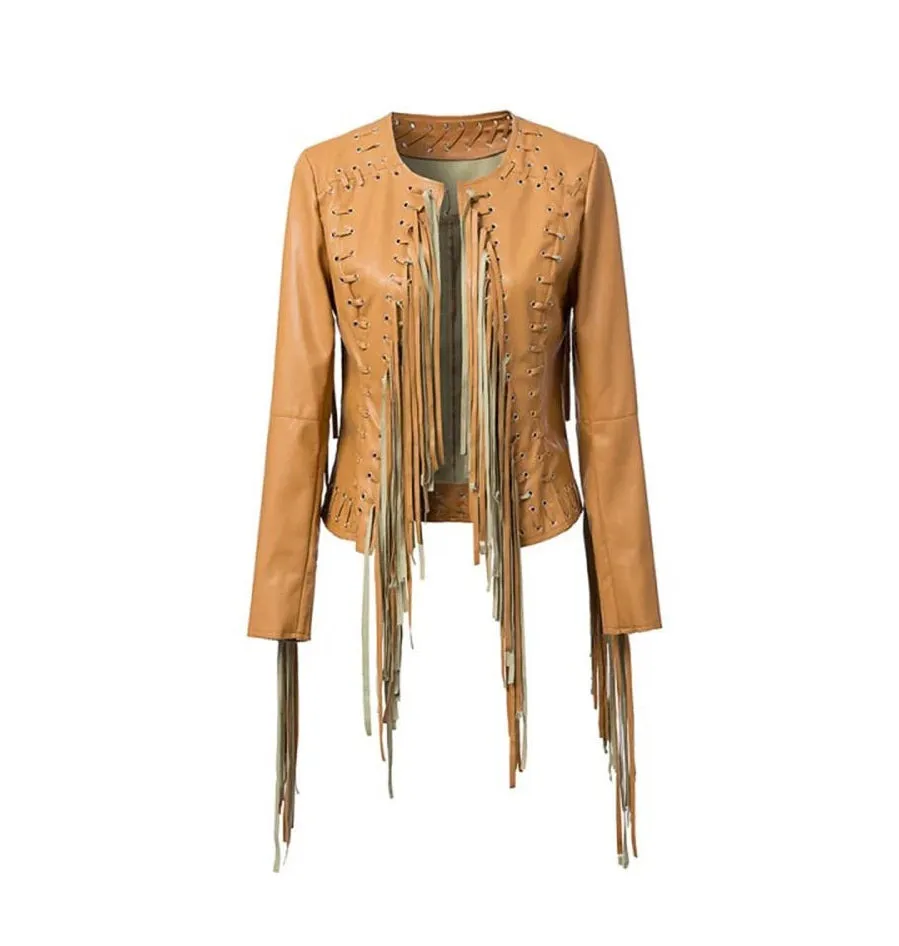 Western Fringe Black Leather Eyelets Jacket for Women Cowgirl WFJ763