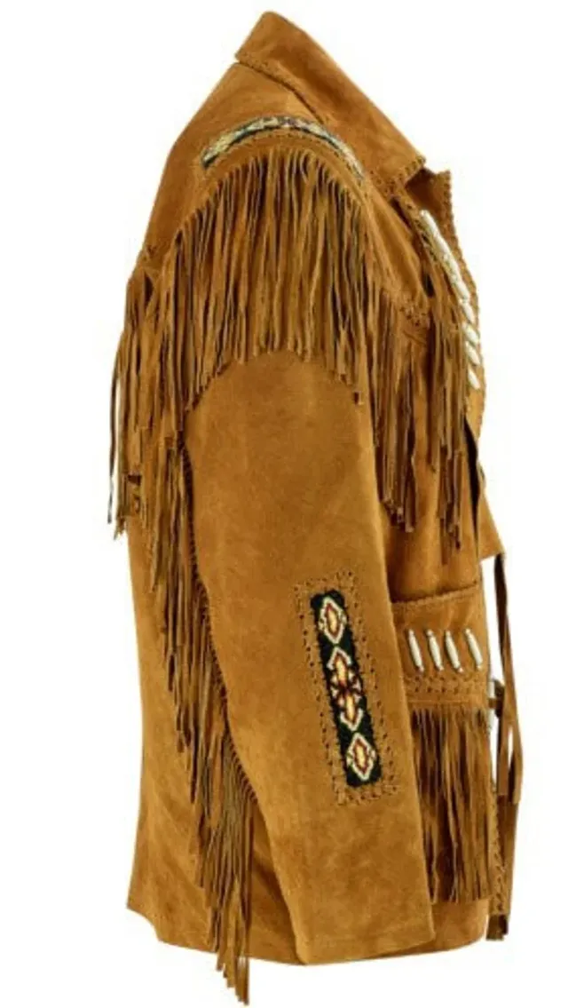 Western Fringe Brown Suede Leather Bone Beaded Jacket for Women WFJ503