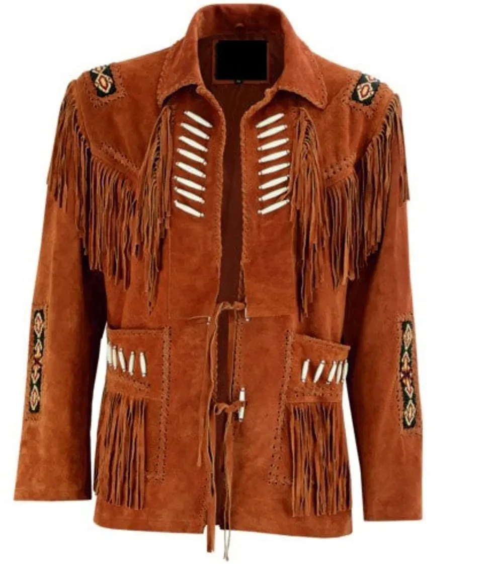 Western Fringe Brown Suede Leather Bone Beaded Jacket for Women WFJ503