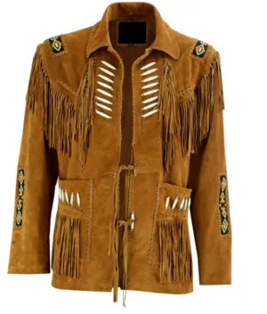 Western Fringe Brown Suede Leather Bone Beaded Jacket for Women WFJ503