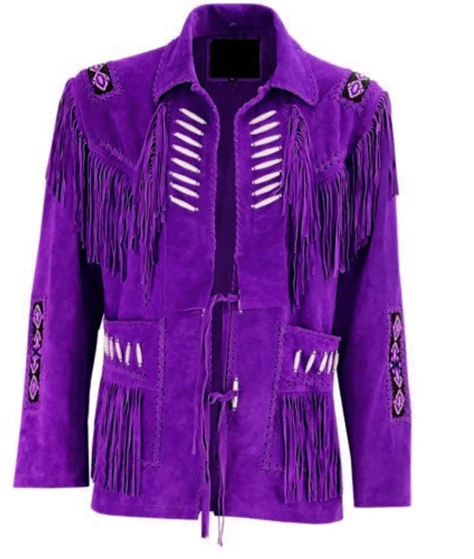 Western Fringe Brown Suede Leather Bone Beaded Jacket for Women WFJ503
