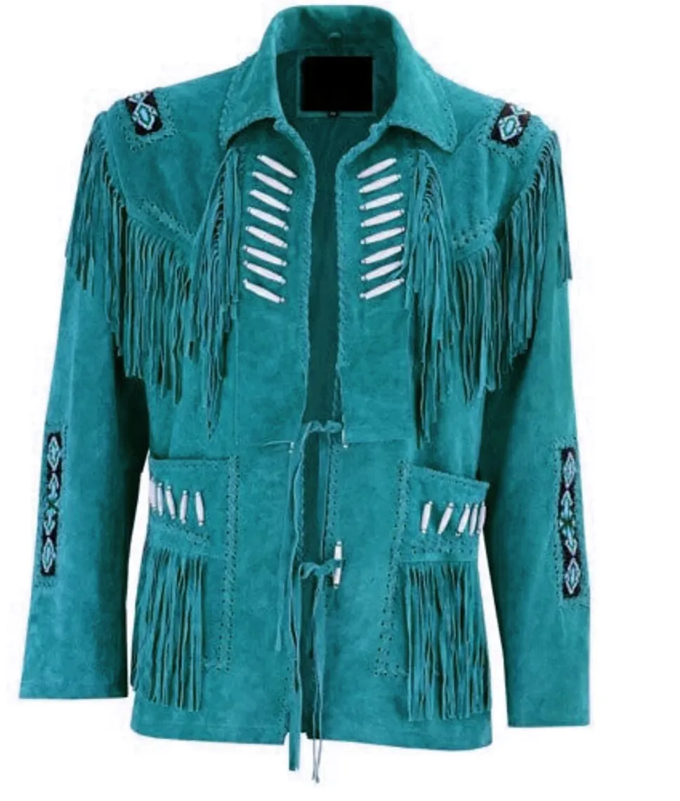 Western Fringe Brown Suede Leather Bone Beaded Jacket for Women WFJ503
