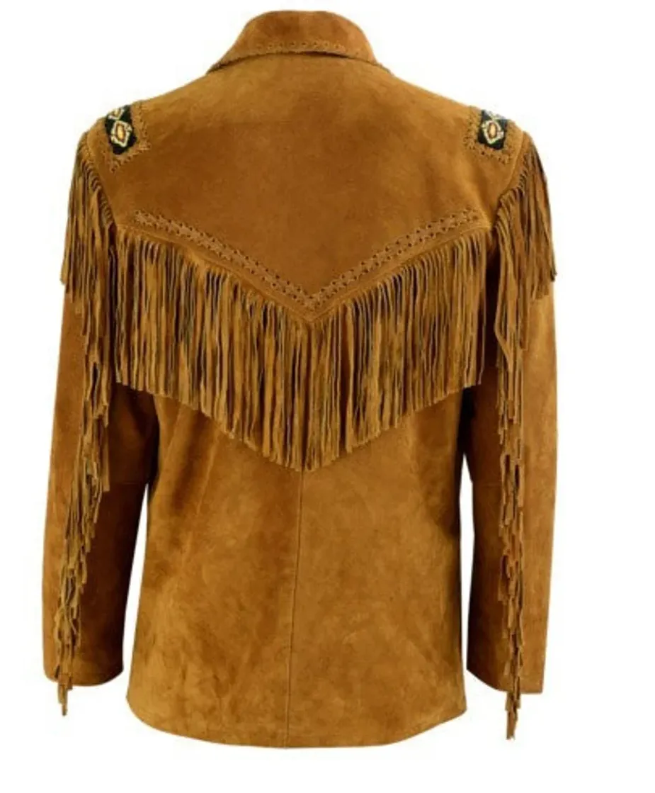 Western Fringe Brown Suede Leather Bone Beaded Jacket for Women WFJ503