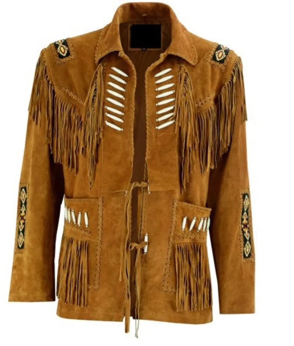 Western Fringe Brown Suede Leather Bone Beaded Jacket for Women WFJ503