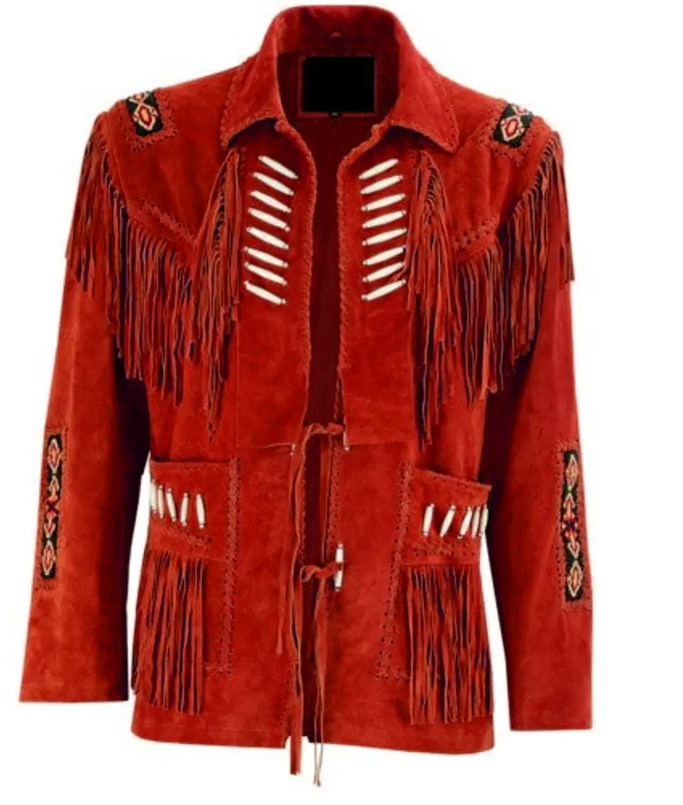 Western Fringe Brown Suede Leather Bone Beaded Jacket for Women WFJ503