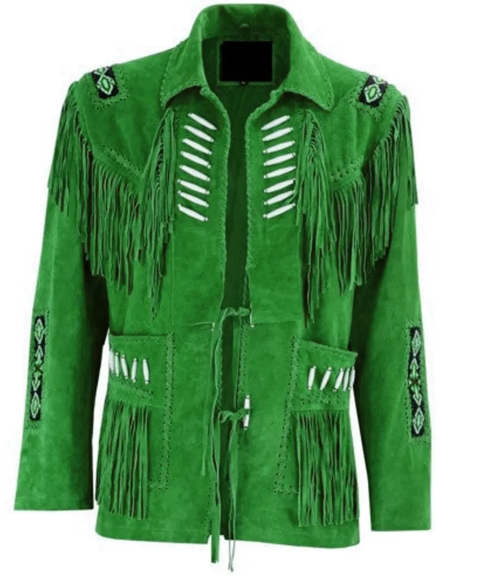 Western Fringe Brown Suede Leather Bone Beaded Jacket for Women WFJ503