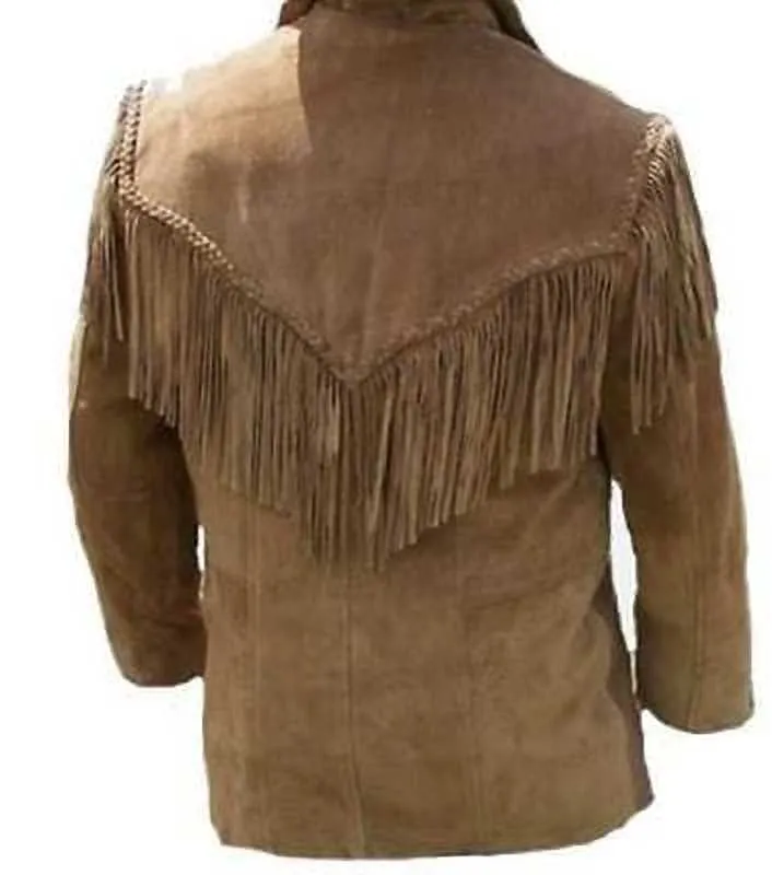 Western Fringe Brown Suede Leather Jacket for Men MWJ734