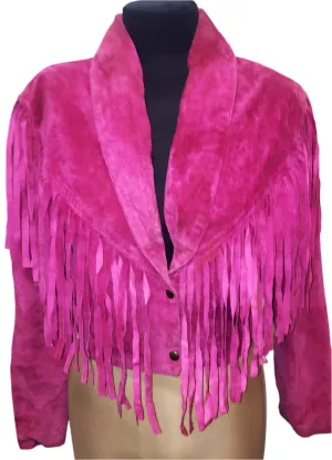 Western Fringe Pink Suede Leather Short Jacket for Women WFJ703
