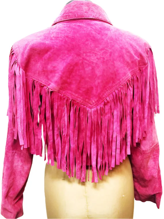 Western Fringe Pink Suede Leather Short Jacket for Women WFJ703