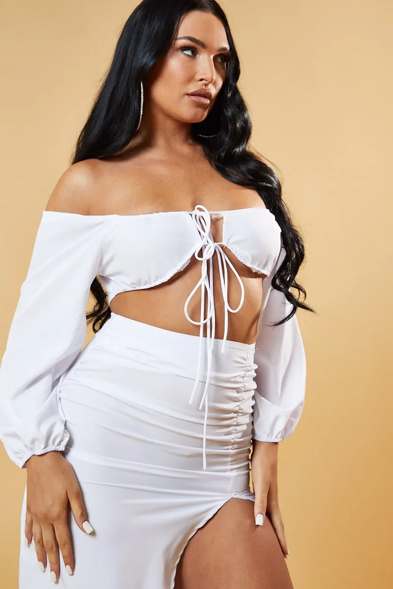 White Bardot Cropped Top & Front Slit Skirt Co-ord Set - Vanika