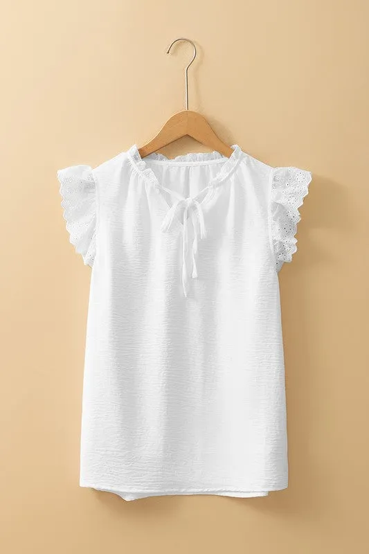 White Embroidered Ruffle Trim Textured Blouse