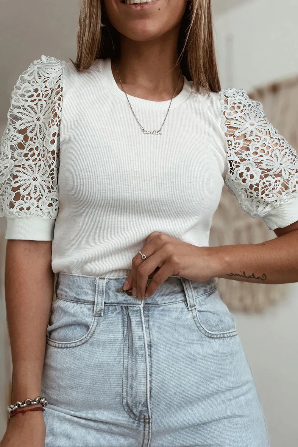 White Lace Floral Patchwork Ribbed Knit Half Sleeve T Shirt