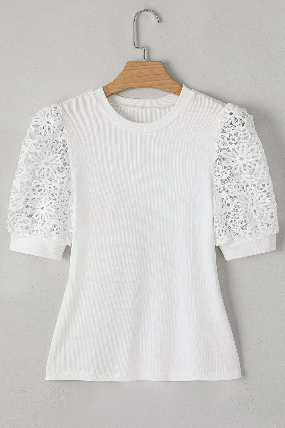 White Lace Floral Patchwork Ribbed Knit Half Sleeve T Shirt