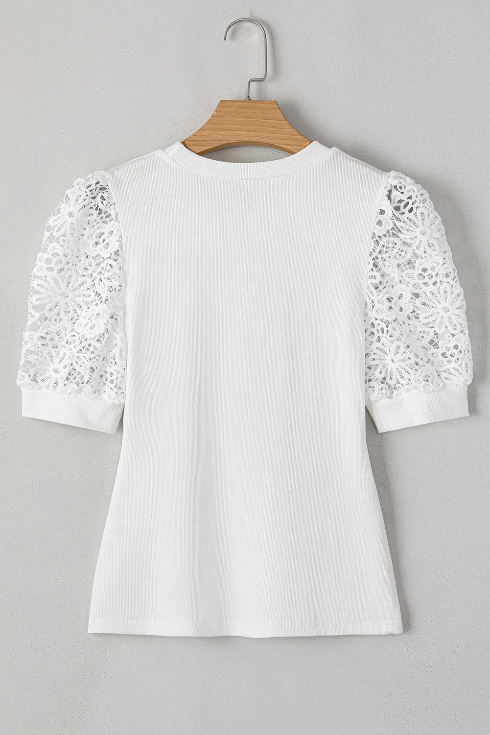White Lace Floral Patchwork Ribbed Knit Half Sleeve T Shirt