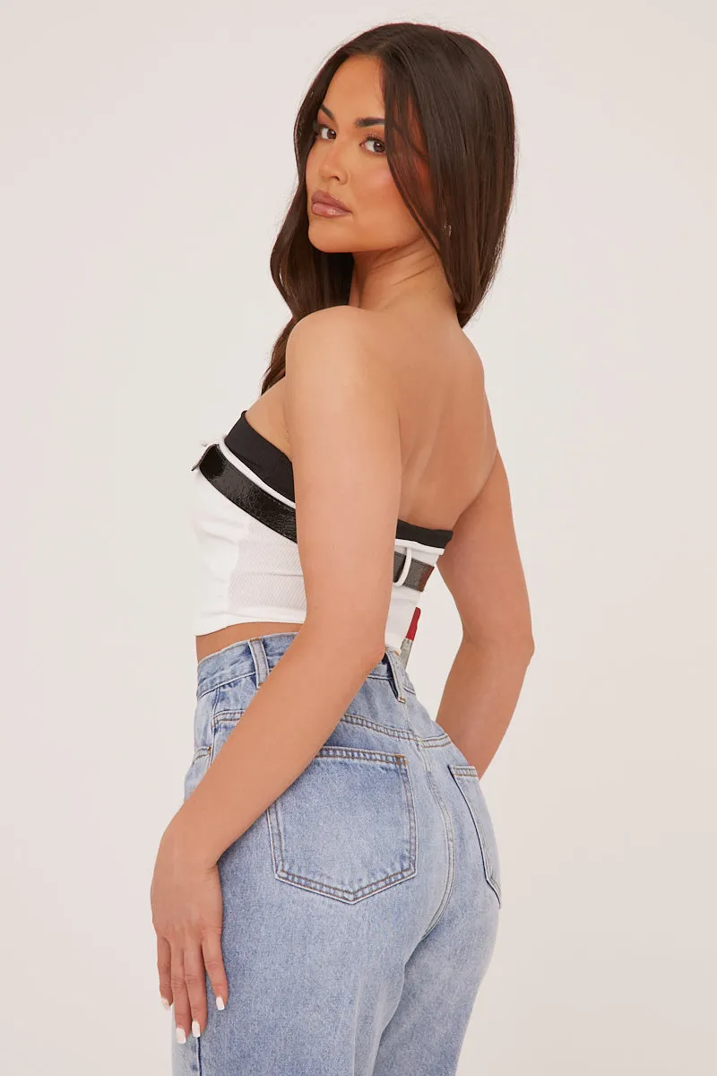 White Rib Knit Belt Detail Bandeau Cropped Top - Dela