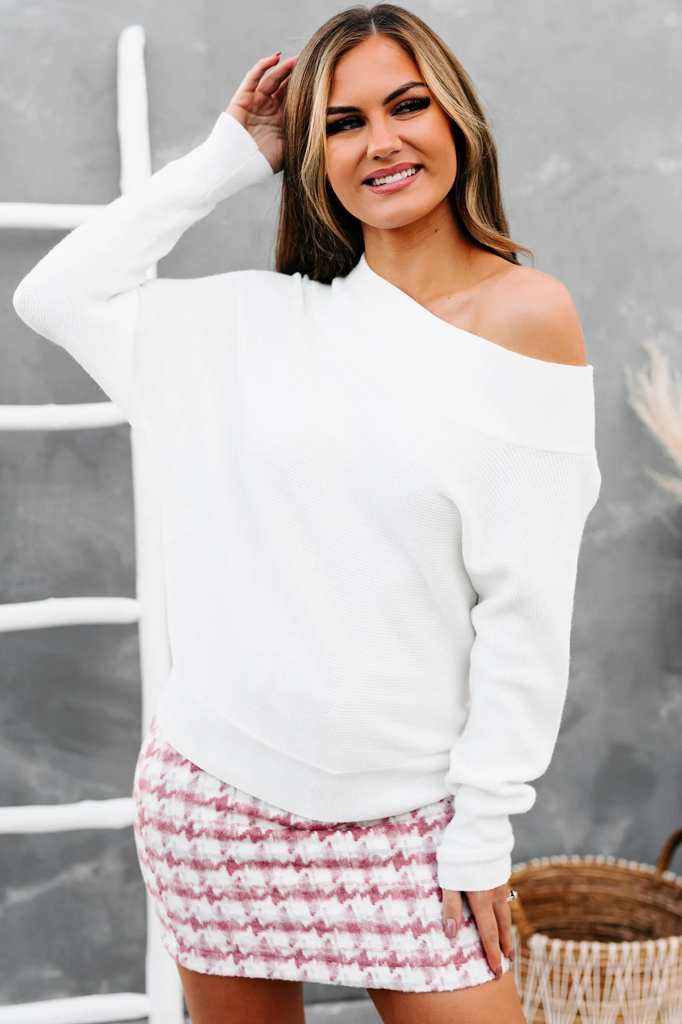 Wishing On Forever Ribbed Off The Shoulder Sweater (Off White)