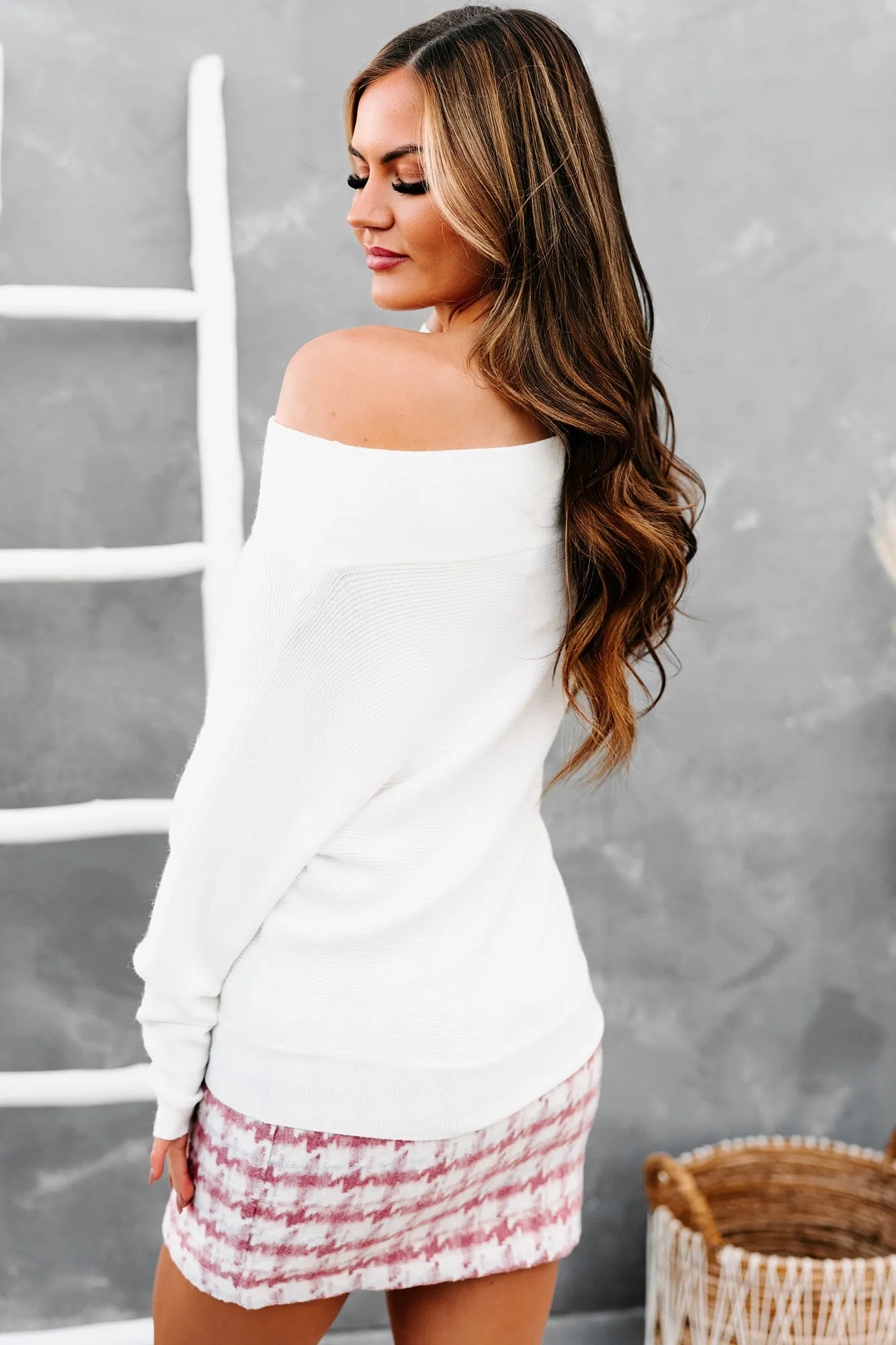 Wishing On Forever Ribbed Off The Shoulder Sweater (Off White)