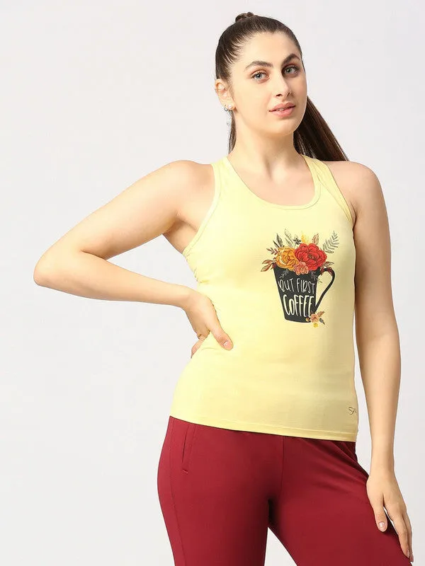 Women Yellow Solid Top - Floral Cup Racerback-MY