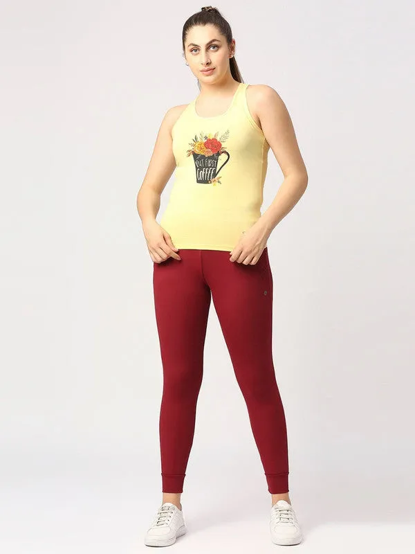 Women Yellow Solid Top - Floral Cup Racerback-MY