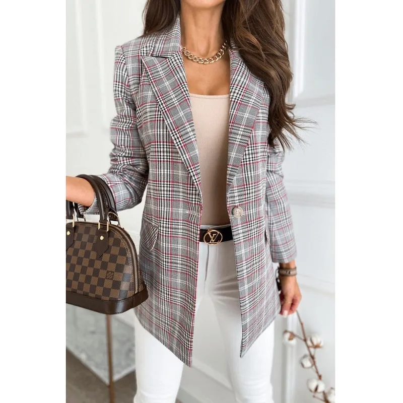 Womens Autumn Winter Long Sleeve Slim Plaid Jacket
