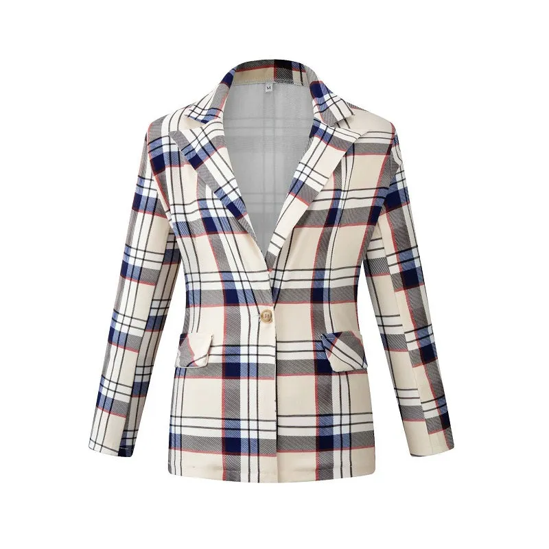 Womens Autumn Winter Long Sleeve Slim Plaid Jacket