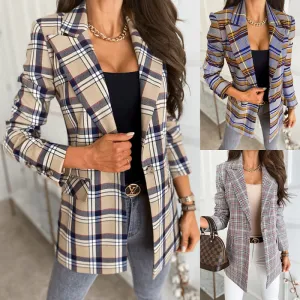 Womens Autumn Winter Long Sleeve Slim Plaid Jacket