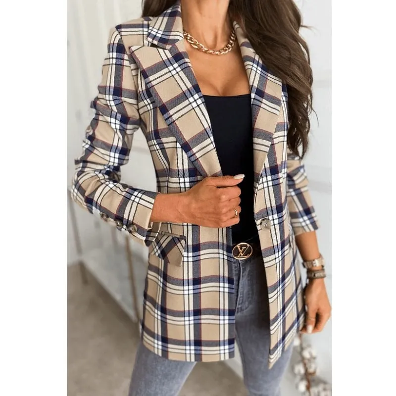 Womens Autumn Winter Long Sleeve Slim Plaid Jacket