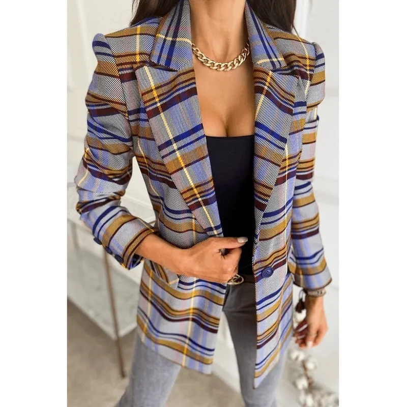 Womens Autumn Winter Long Sleeve Slim Plaid Jacket