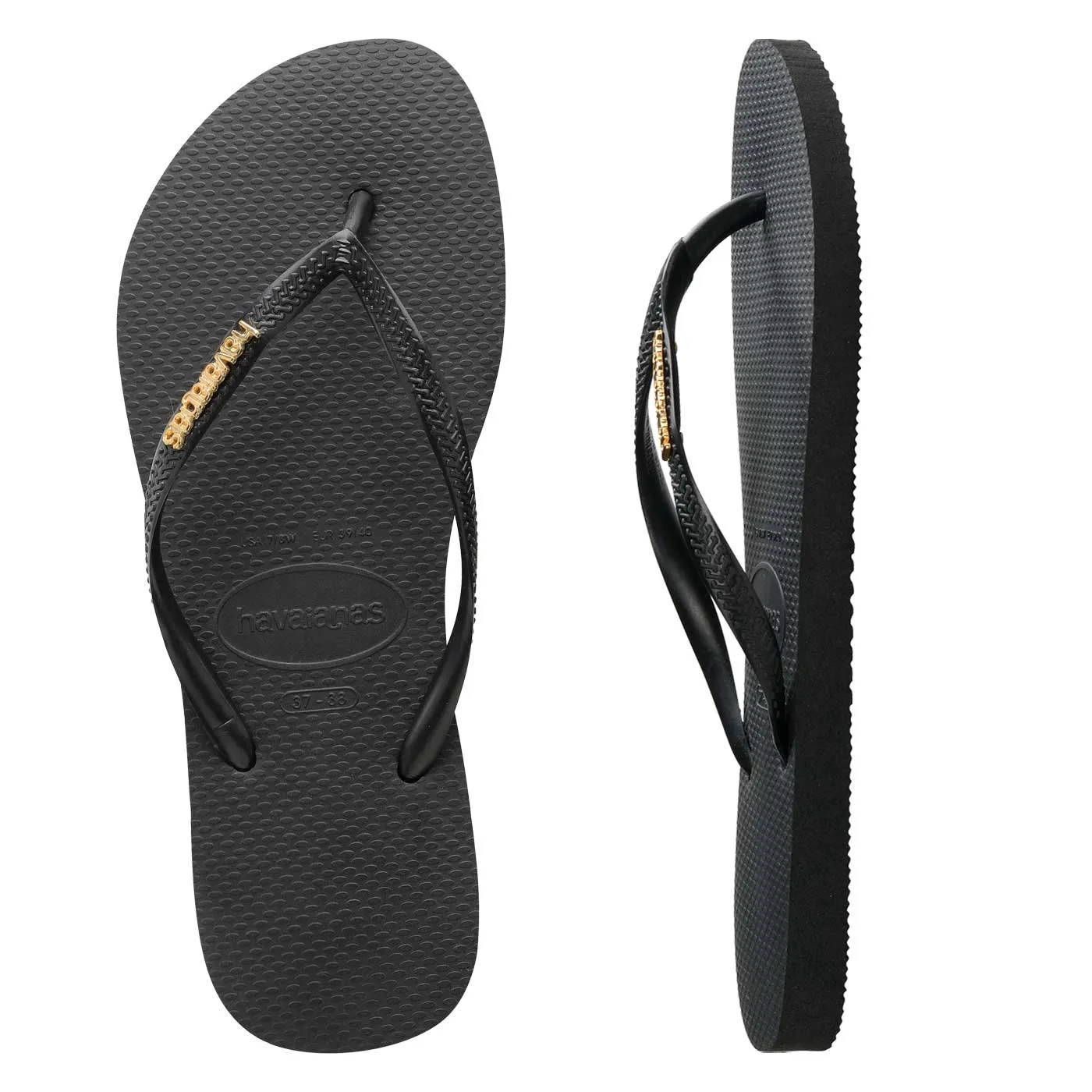 Womens Havaianas Slim Black/Gold Metal Logo Thongs