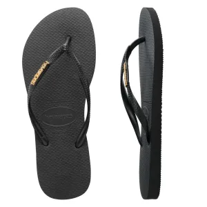 Womens Havaianas Slim Black/Gold Metal Logo Thongs