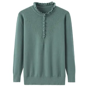 Women's Solid Color Sweater Mother Wear Half High Neck Knitted Pullover Lace Collar Bottoming Tops