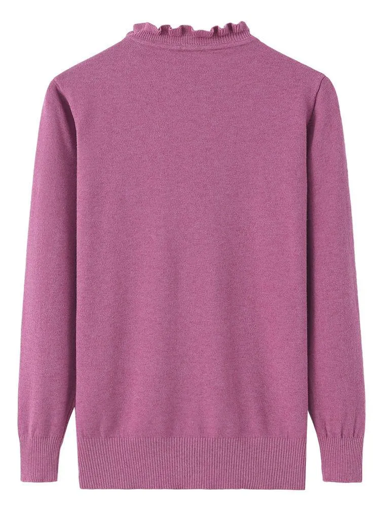 Women's Solid Color Sweater Mother Wear Half High Neck Knitted Pullover Lace Collar Bottoming Tops